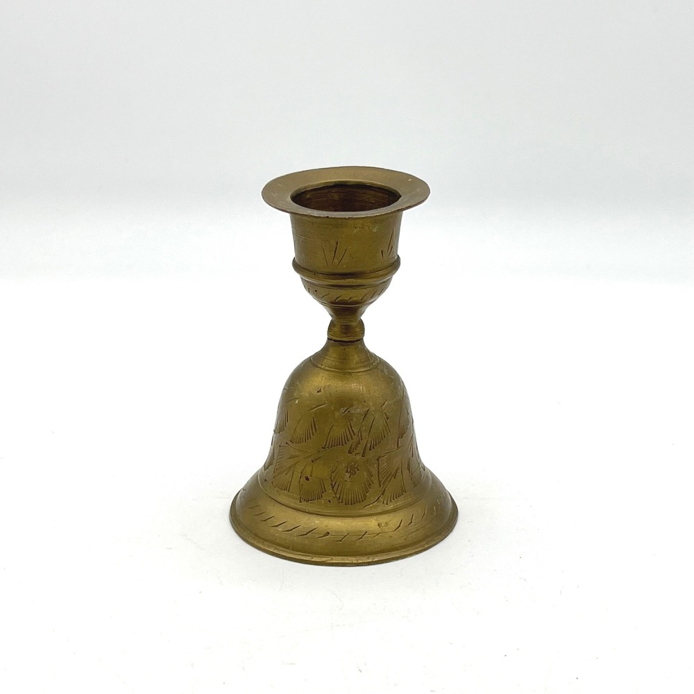 Vintage Brass Bell‎ Shaped Candlestick Holder Engraved Floral Design